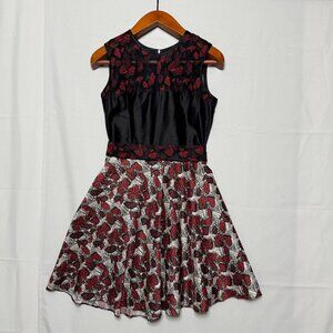 Vintage Y2K RODARTE Black Red Butterfly Embroidered Silk Blend Cocktail Dress